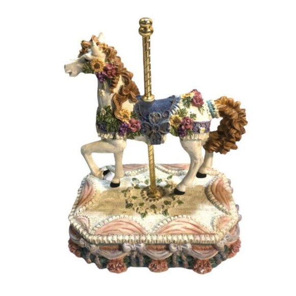 Vintage Musical Carousel Horse Music Box Floral Stage Pony Brass Pole - Picture 2 of 2